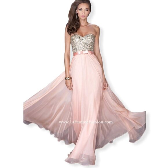 La Femme $480 NWT 19282 Apricot Beaded Chiffon Strapless Formal Gown Sz 14 - Picture 16 of 16